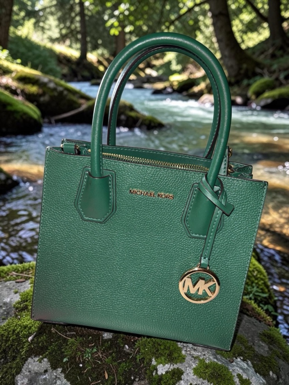 Michael Kors Mercer Medium Green Pebbled Leather Satchel Crossbody Gold MK Charm